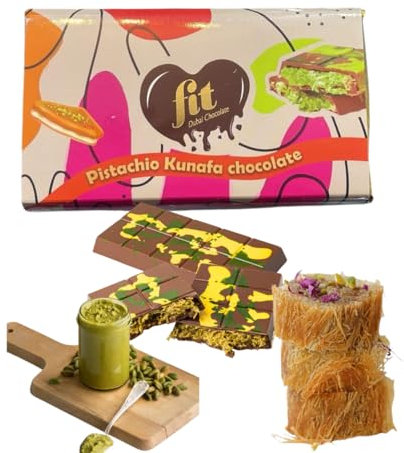 Chocolate Dubai Pistachio Kunafa - 200g | Chocolate Dubai con crema de pistacho y kadaif (cabello de ángel) | Delicia láctea y cacao intenso - Chocolate con leche premium (paquete de 3 unidades)