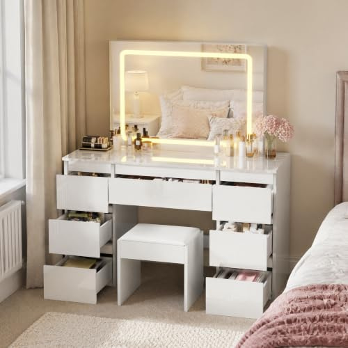 LSLIFE High Gloss Dressing Table with Mirror, Vanity Makeup Desk with 3 Color LED Lights Adjustable Brightness 7 Drawers Bedroom Dressing Tables Vanity Makeup Table for Women Girls (White)