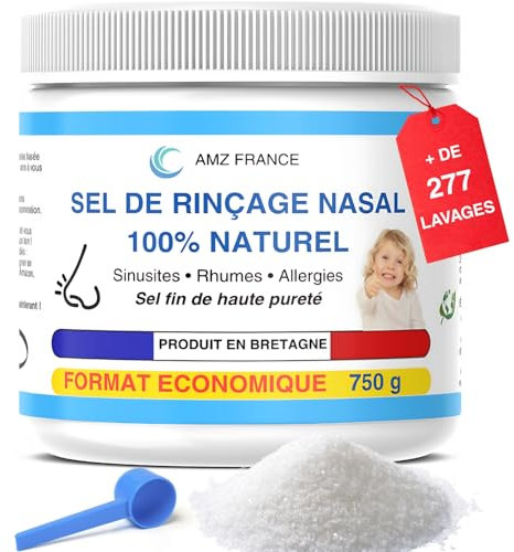 AMZ FRANCE Nasenspülsalz 750 g, Hergestellt in der Bretagne, PREMIUM-QUALITÄT 100% Natürlich, Salin-Nasallösung, Physiologisches Serum Nacl 0,9% - Baby Kinder Erwachsene - Nasenspülung Nasendusche