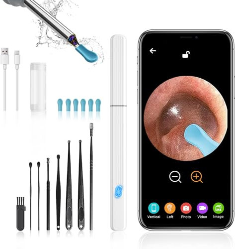 Pulitore per orecchie WiFi Morelax 1080P, otoscopio impermeabile IP67 con fotocamera a 360°, endoscopio auricolare con 6 LED per iPhone, Android, iPad, adulti, bambini e animali domestici (Bianco)