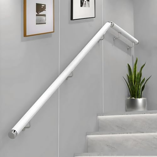 Wooden Handrails for Stairs, Non Slip Stair Railings with Bracket, Wood Banister Staircase Hand, Wall Mounted Decoration Stair Handrail, Corridor Support Rod with Grab Bar Kit, Indoor (White, 120cm)