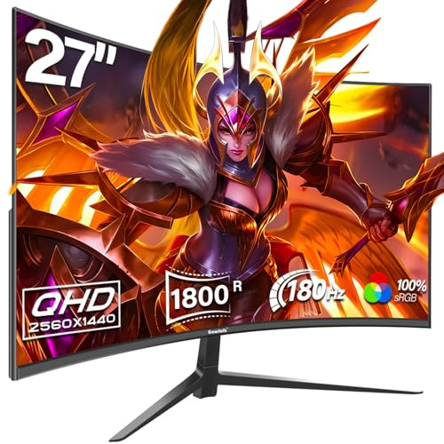 Gawfolk 27 Curved Gaming Monitor PC Monitor 180Hz QHD 2560x1440p with AMD FreeSync Flicker Free HDMI 2.0 DP 1.4 Ultra Thin Display Frameless 2K