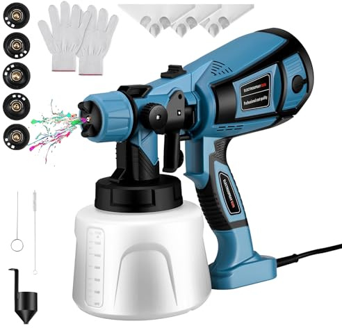 Paint Sprayer, Ovshnrr 800W & 1400ML Electric Spray Gun, 3 Spraying Modes Electric Paint Gun with 5 Copper Nozzles for Walls, Fences, Wood and Ceilings (Blue)