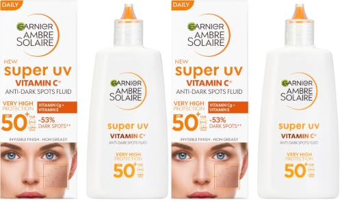 Garnier UV-Sonnenschutzfluid gegen dunkle Flecken, Sehr hoher Sonnenschutz mit LSF 50+, Unsichtbares Finish, Ambre Solaire Super UV Vitamin C Daily Fluid, 1 x 40 ml (Packung mit 2)