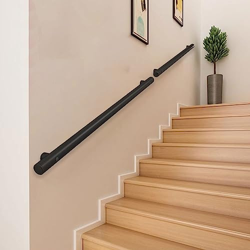 Modernes Treppengeländer-Set, 200 cm, schwarzes Metall und Edelstahl, Sicherheits-Handlauf, runde Wandhalterung, Geländer für Innentreppen, verstellbar von 80 cm bis 4 m Stufen