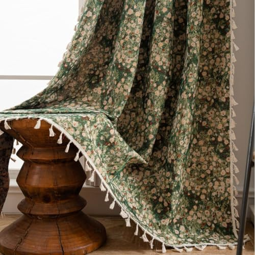 USTIDE Green Grass Curtain Rustic Vintage Cotton Linen Curtain 1 Panel with Tassels for Bedroom Living Room,150x160cm