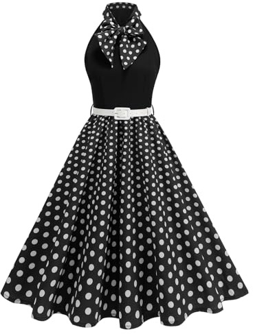 EFOGEP Womens 1950s Vintage Polka Dots Rockabilly Swing Dress Hepburn Style Halterneck Bow 50s Retro A-Line Midi Dresses Cocktail Party Formal Evening Prom Dress