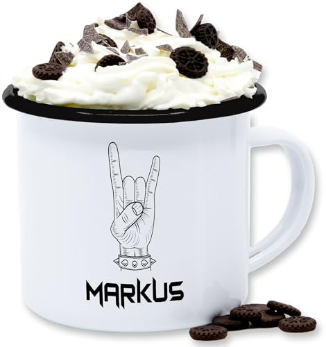 Emaille Tasse Blechtasse - & - Heavy Metal Handzeichen Pommesgabel mit Name personalisiert I Metalhead Geschenk Metal Fan I Rockiges Geschenk Rock Fan I Rocker - 300 ml - Weiß Schwarz - fans