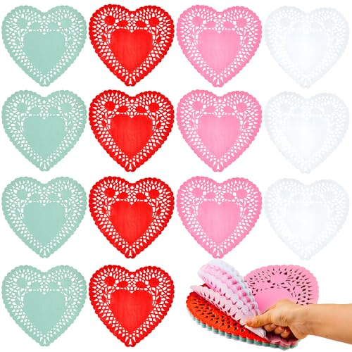 JOYIN 102 PCS 10 Valentines Day Heart Doilies, Tableware Decoration, Home Activitie, Kitchen Disposable Table Crafts, Red White Pink Green Heart Doilies