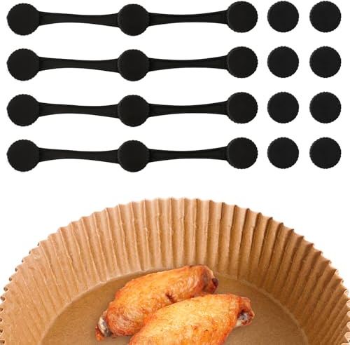 TEUYOE 12 pièces Boucles Magnétiques en Silicone, Magnétiques pour Papier Sulfurisé pour Friteuse à Air Ahaud, 4 Aimants Longs et 8 Aimants Ronds pour Doublures en Papier Parchemin Empêche(Noir)
