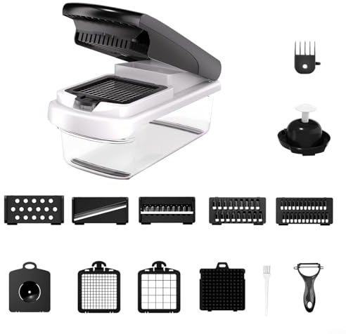 HavenDomicile Gemüseschneider, multifunktionaler Lebensmittelschneider, Würfel-Set mit 7 Edelstahlklingen, Eiertrenner (schwarz)