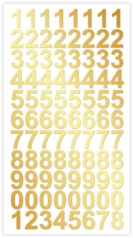 Sariputa Adesivi con numeri facili da applicare, 1 cm, in oro lucido, 89 numeri adesivi di alta qualità, resistenti all'acqua e alle intemperie, ideali per adesivi con numeri da 0 a 9