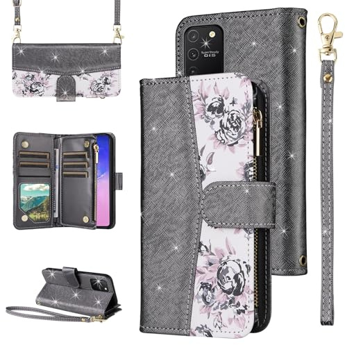 ELISORLI for Samsung Galaxy S10 Lite Floral Wallet Case with Flip Zipper Purse Wrist/Shoulder Strap, Luxury Glitter PU Leather Card Holder Stand Cell Phone Cover for S10lite S 10 10s A91 Women Black
