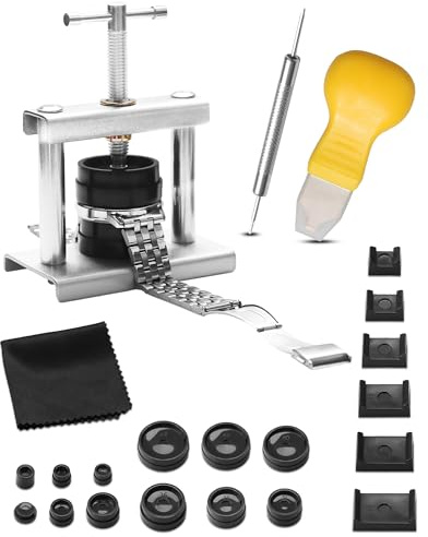 OulQinyhome Uhr Presse Set für Uhren Reparatur - Uhrenschließer Einpresswerkzeug Gehäuseschließer mit 18 Matrizen - Uhr Reparatur Werkzeug für Runde und Quadratische Zifferblätter