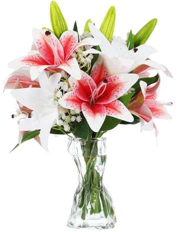 Janinka 12pcs Easter Artificial Lily Flowers 12 Heads White and Pink Faux Tiger Lilies Flowers with Fake Baby Breath Artificial Gypsophila for Easter Spring Home Church Wedding Decoration