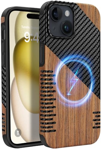 ZZDZZ Coque Magnétique pour iPhone 15 [Compatible avec MagSafe] Étui en Bois et Cuir Protection Antichoc Housse pour iPhone 15 - Twill Bois