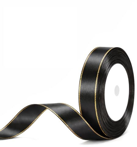 G2PLUS 20mm Black Ribbon with Gold Edge: 22m Satin Gift Wrapping Ribbon | for Wedding, Bows Bouquet, Floral Arrangement, Craftting and Christmas Decoration