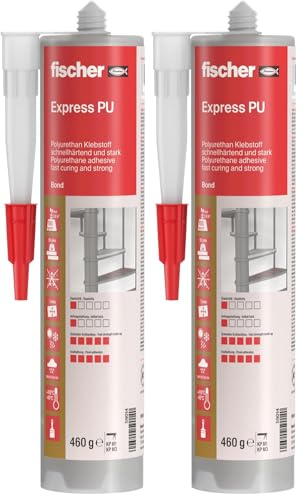 fischer Express PU Kraftkleber, wasserfester Montagekleber für den Außenbereich, Universalkleber für schnelle Aushärtung bei vielen Anwendungen & Baustoffen, 310 ml, beige (Packung mit 2)