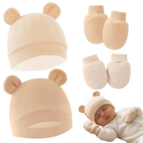 2 Sets Sombreros y Guantes de Bebé, Aplicable de 0 a 6 Meses, Gorros Beanie para Bebé Recién Nacidos, Gorro de Algodón Suave, Gorros y Guantes para Recién Nacidos, Gorro y Guantes, Sombrero para Bebés