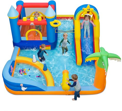 COSTWAY Hüpfburg mit Wasserrutsche, Kletterwand, Sprungbereich, Bällebad, Ringwurfspiel, Wasserkanone, Fußball, Basketball & Volleyball, Wasserhüpfburg für Kinder, Wasserpark für Außenbereich