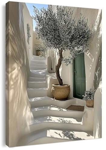 Canvas Wall Art Framed – Mediterranean Olive Tree on White Steps Artwork, Greek Island Style Wall Decor for Living Room, Bedroom, Hallway or Entryway Home Decoration, with Hooks and Nails, 12x16 Inch