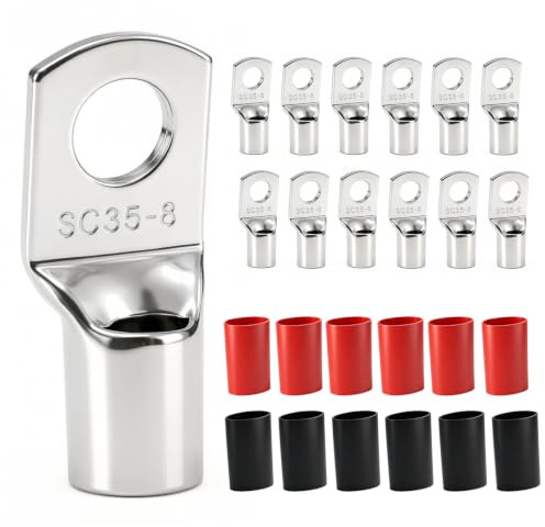 12 capicorda tubolari da 35 mm², con foro M8 | Capicorda SC in rame ispessito non isolato, per connessioni elettriche (12 tubi termoretraibili 3:1 inclusi).