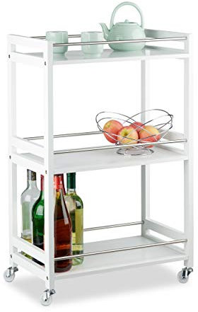 Relaxdays Servierwagen mit 3 Ablagen, Servicewagen, Teewagen, aus Bambus, MDF, Stahl, HxBxT: 80,5 x 51 x 30 cm, weiß