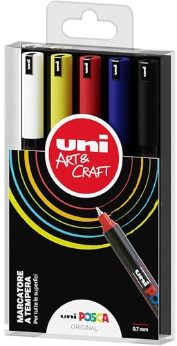Posca - Uniposca Set Completo con 5 Pennarelli Punta Extra-Fine, 0.7mm, Pennarelli Acrilici Uni Posca Ideali come Colori per Bambini e Artisti, Cancelleria, Colori Tessuto e Altre Superfici - Original