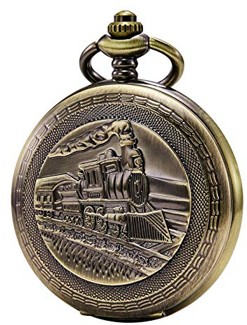 Treeweto - Orologio da taschino con catena da uomo, analogico, carica manuale, locomotiva a vapore, in legno con venature, doppia cerniera, bronzo