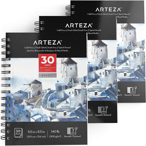 Arteza Aquarellblock Expert, 13.9 x 21.6 cm, 3 Stück Set, 300 g/m² weißes Aquarellpapier, Malpapier für Wasserfarben und gemischte Malmedien, 30 Blätter pro Malblock mit Spiralbindung