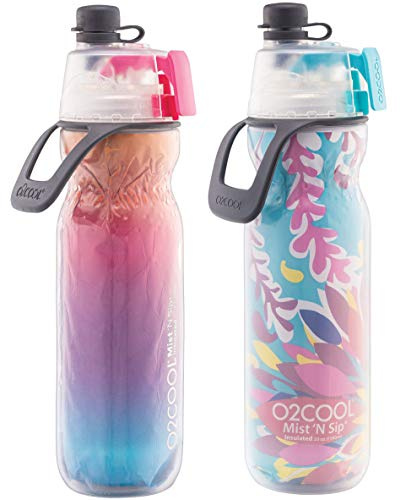 O2COOL Arctic Squeeze Insulated Mist 'N Sip Water Bottle | 2 Pack- 20 oz | BPA Free, 2-in-1 Mist and Sip Function w/No Leak Pull Top Spout (Ras Ombre/Tropical)