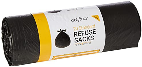 Polylina 20 Tie Top Refuse Sacks Bin Bags, Recycled Plastic, Black, 80 Litre
