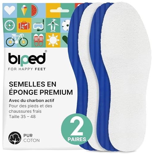 biped 2 paires de semelles pieds nus – coton éponge doux et mousse de latex au charbon actif – lavables, anti-odeurs, pour une fraîcheur hygiénique dans les chaussures z2770(41)