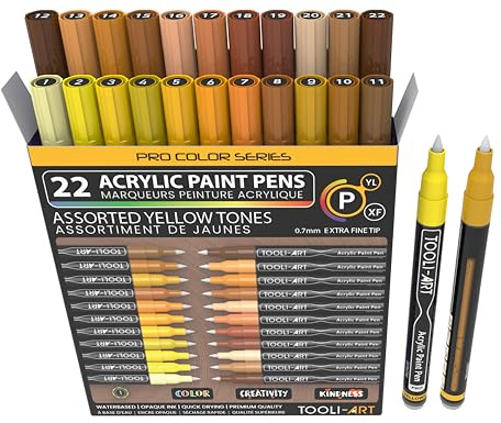TOOLI-ART Juego de 22 marcadores de pintura acrílica, amarillo y marrón, punta extrafina de 0,7 mm, para pintura de roca, vidrio, tazas, madera, metal, lienzo, no tóxico, de secado rápido.