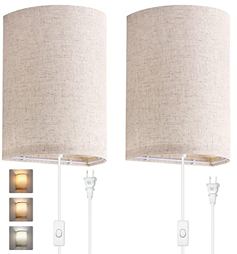 AVV Wall Sconces Set of Two, Wall Lamp Plug in with On/Off Switch, 2700K 4000K 5000K Selectable, Wall Lights for Bedroom, Living Room, Wall Decor for Bedroom, Fabric Linen Lamp Shades