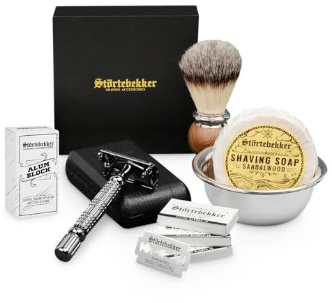 Störtebekker® Premium Rasierhobel Set für Herren im handgefertigten Lederetui - Rasierset mit Rasierpinsel, Rasierschale Edelstahl, Rasierseife, Alaunstein und Rasierklingen - Bartpflege Set Männer