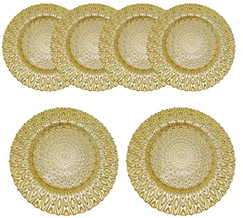 WedDecor Lot de 6 assiettes de présentation rondes de 33 cm, pour centre de table, mariage, banquet, fête de Noël, décoration de table, motif paon doré
