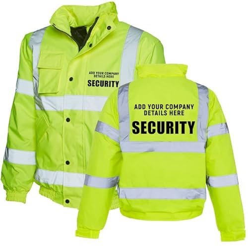 Customise Company Security Jacket - Yellow - L - Add Your Company Name Custom Print - Personalised Workwear - Mens Hi Vis Bomber Jacket - High Visibility Class 3 Bomber