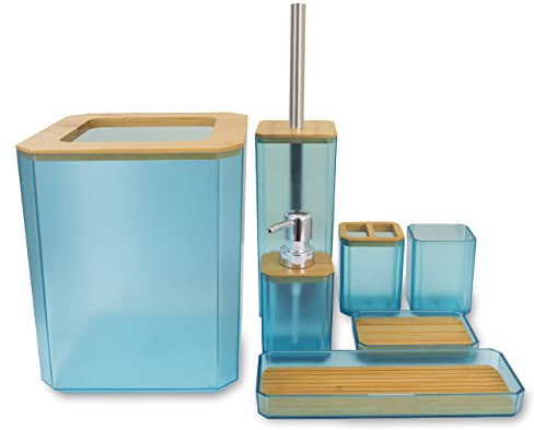 MissFox Set Bagno Accessori Completo 7 Pezzi, Set Accessori Bagno Moderni in Bamboo, Kit Bagno Accessori con Dispenser, Pattumiera, Portasapone, Scopino, Portaspazzolino, Bicchiere di Plastica, Blu