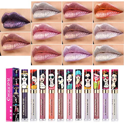 RoseFlower 11 Farben Glitzer Lippenstift, Glitter Flüssige Lippenstifte Set, Metallic Sparkly Lipgloss, Diamant glänzender Lippenstift, wasserdichte langlebiger Not Stick Cup Lippenstift für Frauen