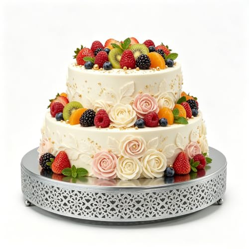 FEICTPOX Round Metal Cake Stand for Cupcakes, Desserts, Cookies, Fruits, Decorative Serving Tray for Wedding, Birthday, Baby Shower, Anniversary (16 inches, Silver)