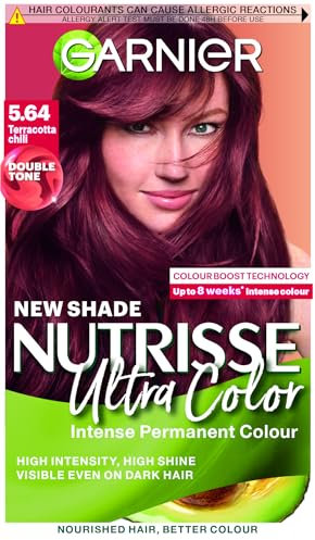Garnier Nutrisse Ultra Color Hair Dye, Vegan, 5.64 Terracotta Chili. 100% grey coverage and a bold, vibrant 8-week colour. This no-ammonia, vegan formula delivers intense terracotta chili tones