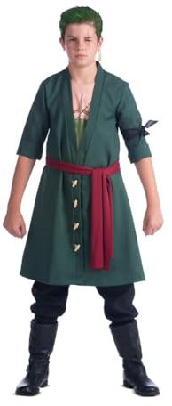 My Other Me Roronoa Zoro Déguisement pour enfant Taille 10-12 ans comprend un pantalon noir, une veste verte avec impression sur la poitrine, un foulard noir, une ceinture rouge, des boucles