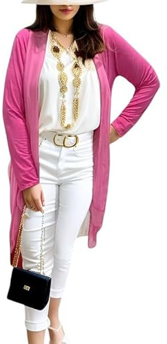 Women's Silk Top Cardigan Soft Open Tunic Vest Ladies Casual Loose Long Sleeve (One Size (10-16) UK, Fuchsia)
