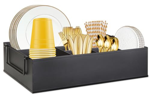 NelyBet Paper Plate Dispenser Holders Utensil Caddy for Countertop,Outdoor Silverware Caddy, Picnic and Camping Utensil Holder, Flatware Organize with Handle for Party Gatherings, Metal (Black)