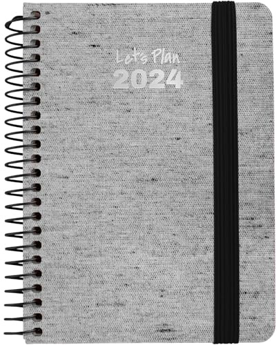Grafoplás | Jahresplaner 2024 A6 | Ecojeans Schwarz | Spanisch | Tag Seite | 10,5 x 16,5 cm | Spiralbindung | Hardcover aus recyceltem Denim | elastischer Verschluss | Perfekt für die Planung Ihres