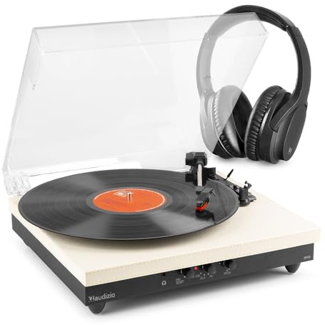 Audizio RP113C Record Player with Wireless Bluetooth Headphones - Belt-Drive Vinyl Player, Built-in Stereo Speakers, USB MP3 Record, Bluetooth Output, Cream Finish