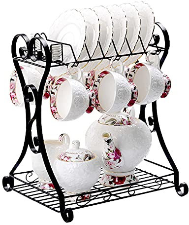 Juego de té de cerámica de 15 Piezas, Juego de Taza y platillo de café de cerámica con lechera y azucarero, Juego de té de Boda para Adultos, A
