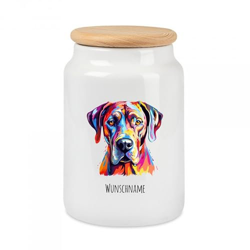 Tierisch-tolle Geschenke Große Multicolor Leckekerlidose | mit Hundemotiv (über 90 Rassen verfügbar) und deinem Wunschnamen | Personalisiert | Hygienische Futter Aufbewahrung | (Deutsche Dogge)