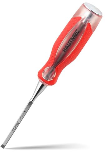 HAUTMEC Scalpello per legno da 6 mm, ad alto impatto, forgiato a goccia, in acciaio CR-V, scalpelli con bordo smussato con cappuccio e impugnatura ergonomica antiscivolo, per lavori di falegnameria e